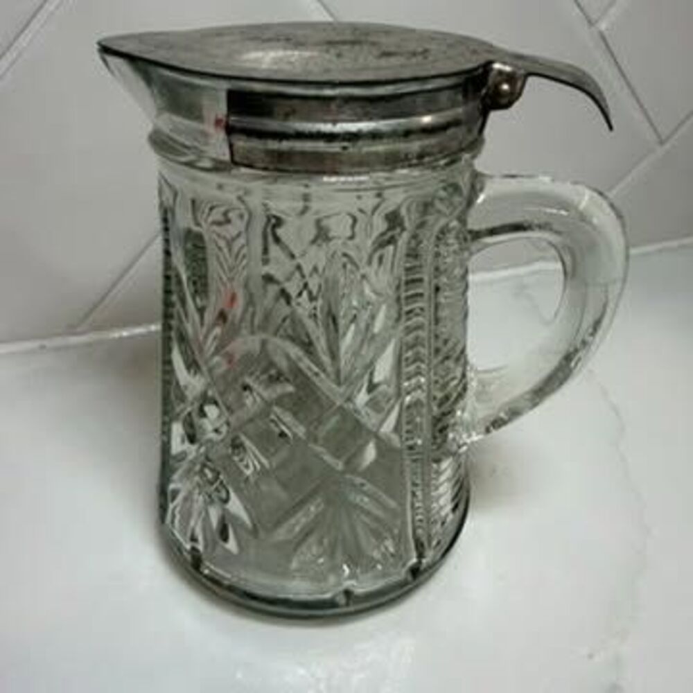Vintage 1930’s Pressed Glass Syrup or Creamer Pitcher with Metal Top